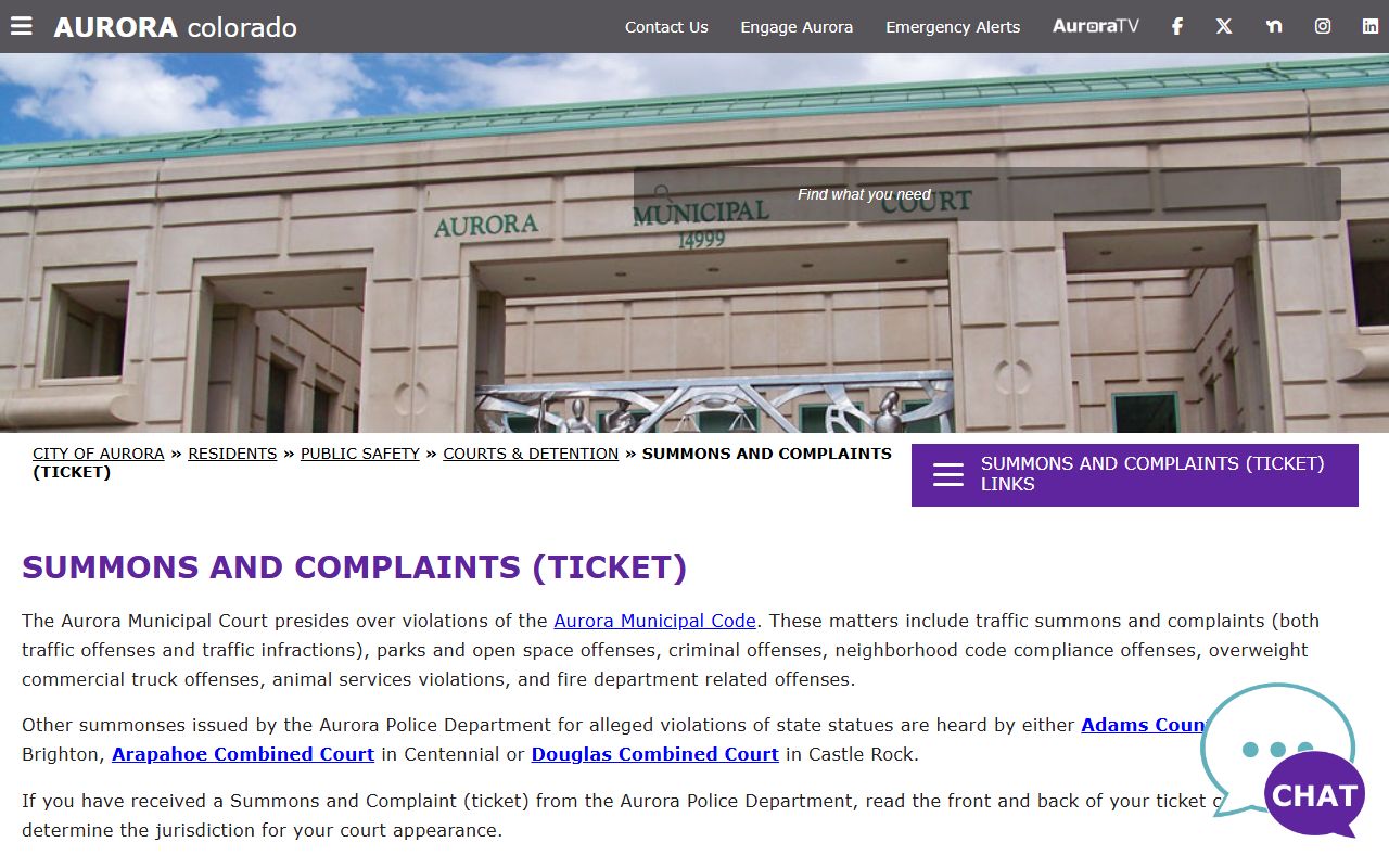 Aurora Municipal Court building where traffic ticket records are kept