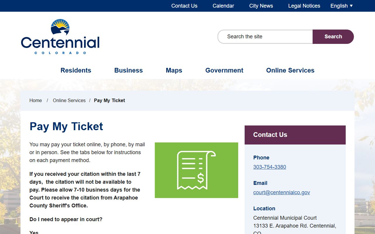 Centennial Police Department online ticket payment portal