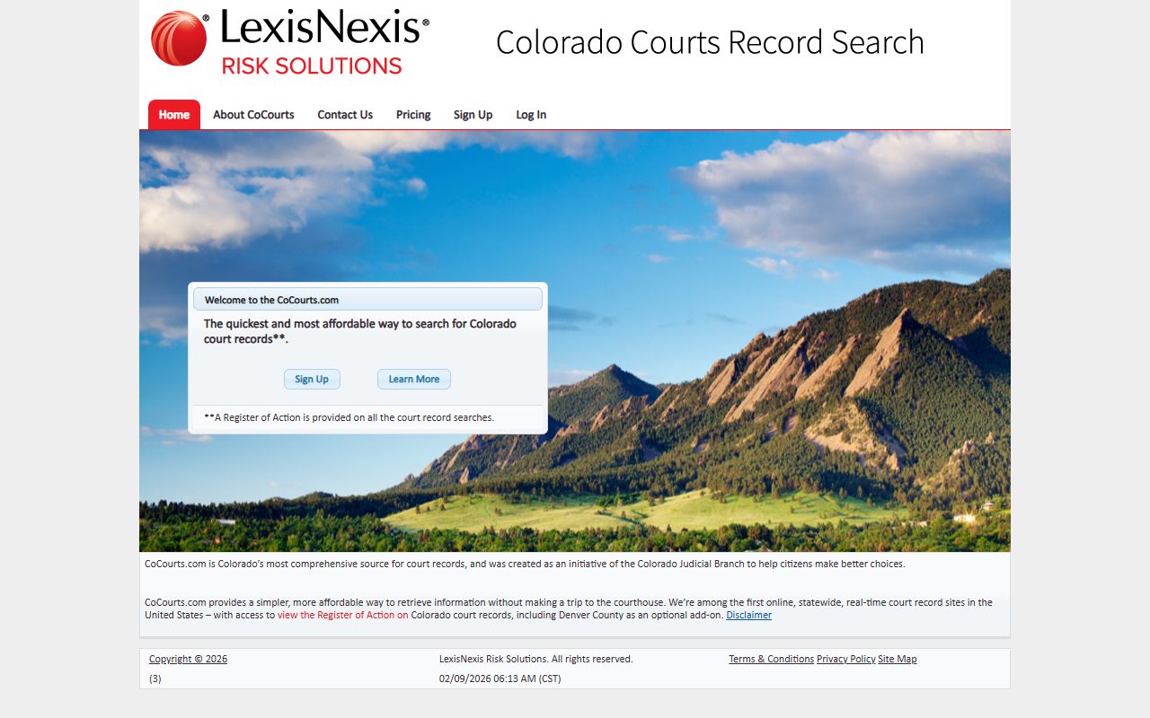 CoCourts.com homepage for searching Colorado traffic ticket records