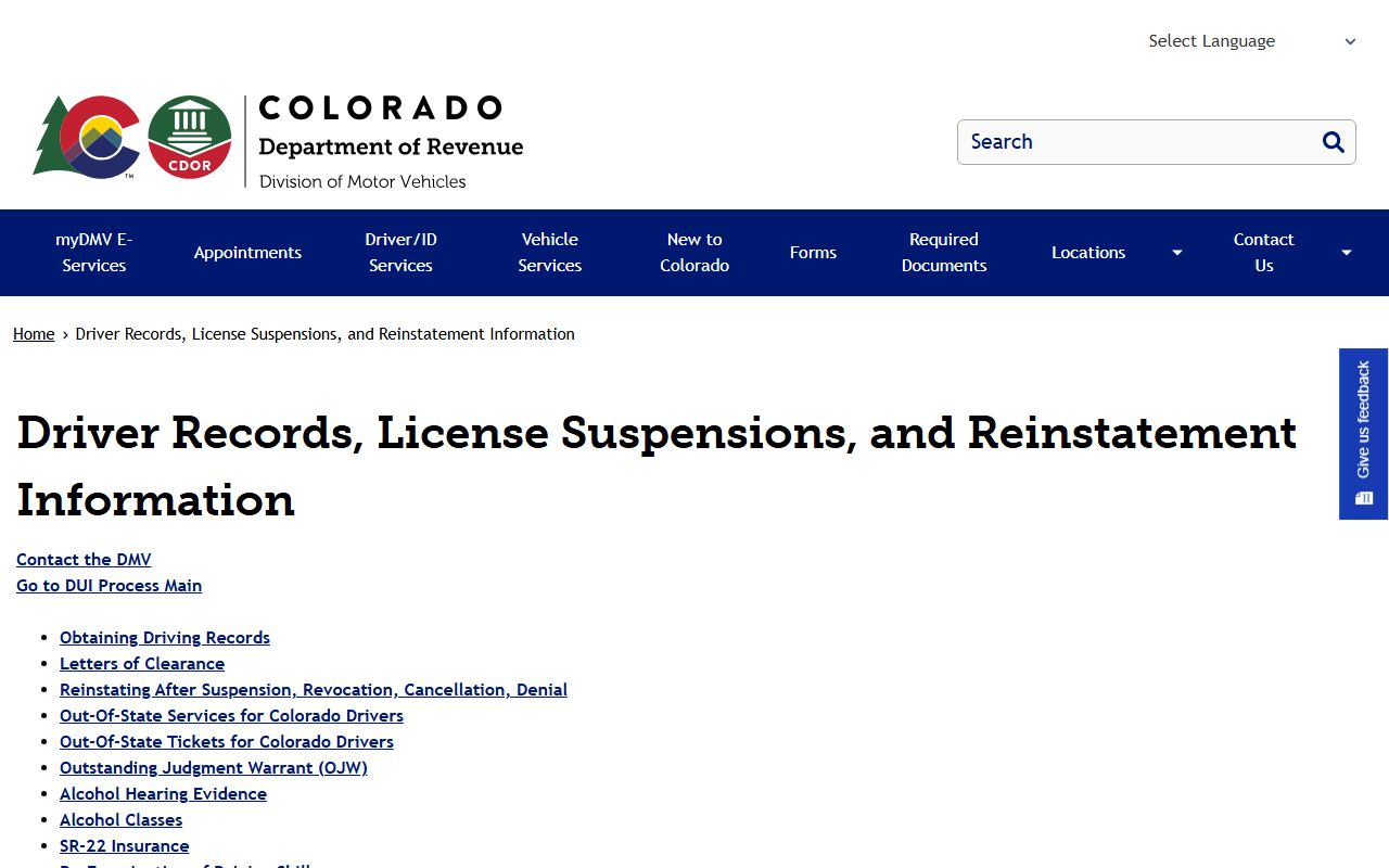 Colorado DMV driver records page showing how to request traffic history